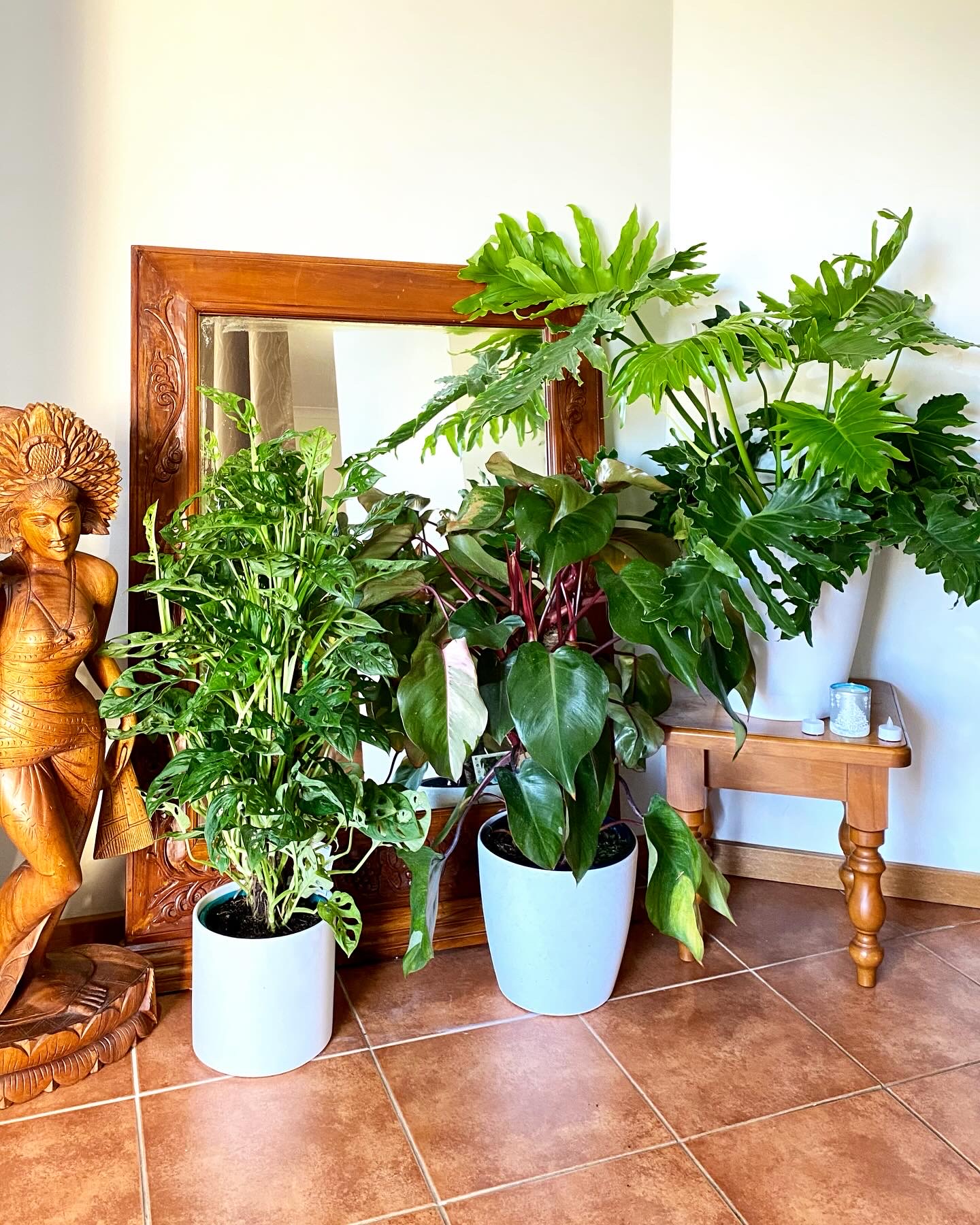 A carved wooden figure, a large timber mirror and a cluster of leafy plants on a terracotta floor